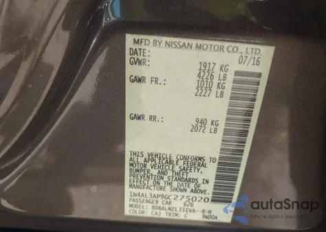 2016 Nissan Altima 2.5 Sv из США, поврежденный, VIN 1N4AL3AP9GC275020